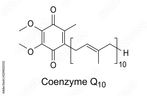 Coenzyme q10 molecule structure, chemical formula on white background