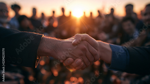 Business People Shaking Hands in Front of Team at Sunset