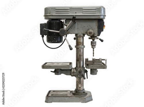 Vintage drill press machine with metal worktable and adjustable height column transparent background