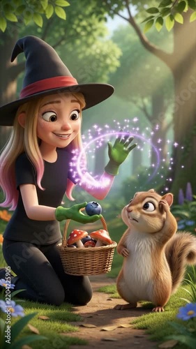 Cute 3D Witch Meeting a Squirrel in the Enchanted Forest