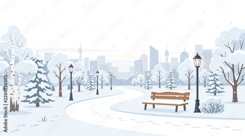 Fototapeta premium Snowy winter park vector illustration featuring a winding path, wooden bench, vintage lampposts, and a distant city skyline