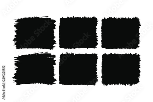 Grunge black brush stroke squares, set of 6 ink texture frames, hand drawn paint borders for artistic graphic design