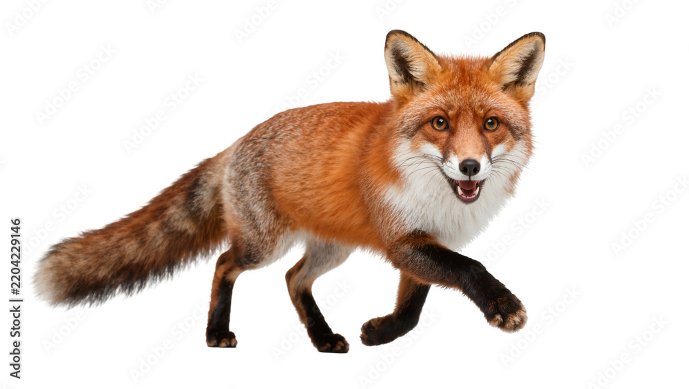 Fototapeta premium Red fox with bushy tail walking, isolated on transparent background