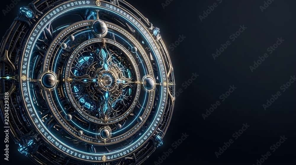 Obraz premium Intricate circular mechanical device with glowing blue lights and metallic detail