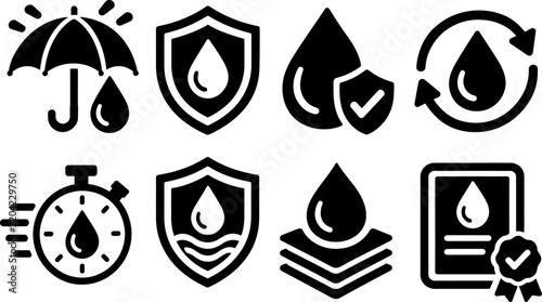 Waterproof icon set with umbrella, shield, droplets, and stopwatch for protective design.