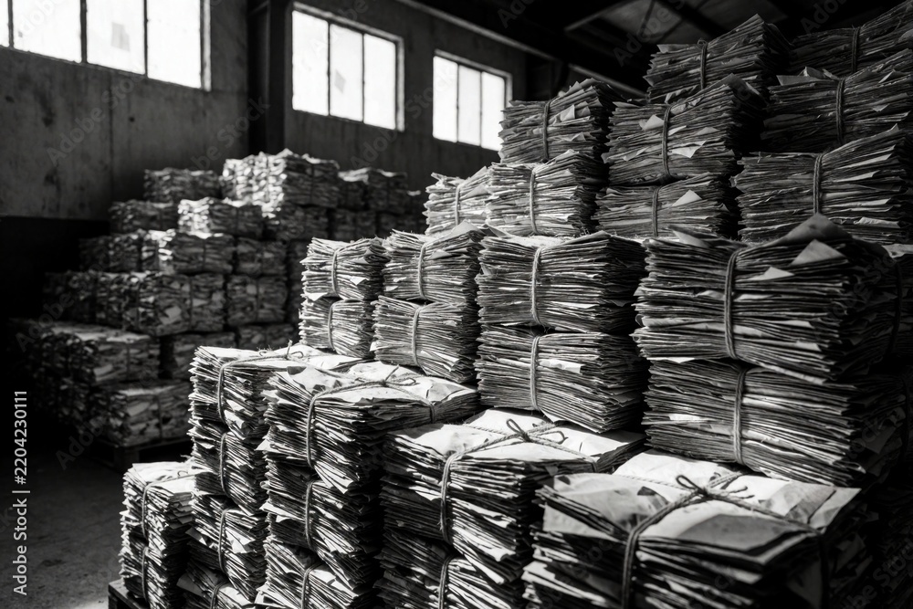 Obraz premium Large stacks of used paper tied with ropes in warehouse. Bundles of scrap paper wait for recycling process. Sunlight shines through windows onto messy piles of old documents, newspapers, office waste