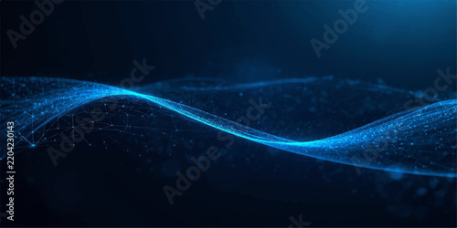 Abstract blue digital wave with glowing particles, flowing data streams, wireframe mesh and connected nodes on a dark futuristic technology background
