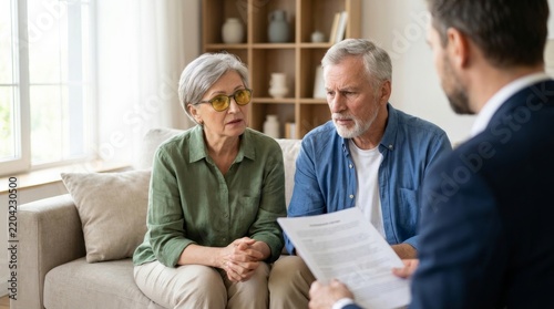 A medical advisor or psychologist conducting a home visit with a senior couple.