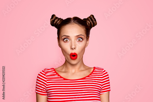 Bild auf Leinwand Oops! Closeup portrait of shocked impressed model with red lips with unexpected
