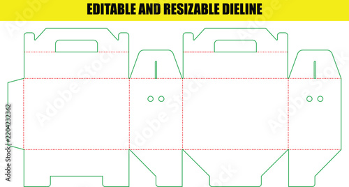 Foldable paper carrier bag dieline template with handle and punch holes for retail shopping packaging design