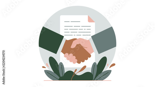 Professional business partners shake hands over a signed contract in this clean flat vector illustration style
