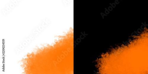 Orange colored smoke cloud rising on transparent and black backgrounds for abstract effects.