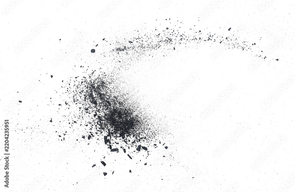 Obraz premium Black charcoal chunks, shattered pieces isolated on a white background, top view. Black powder explosion.