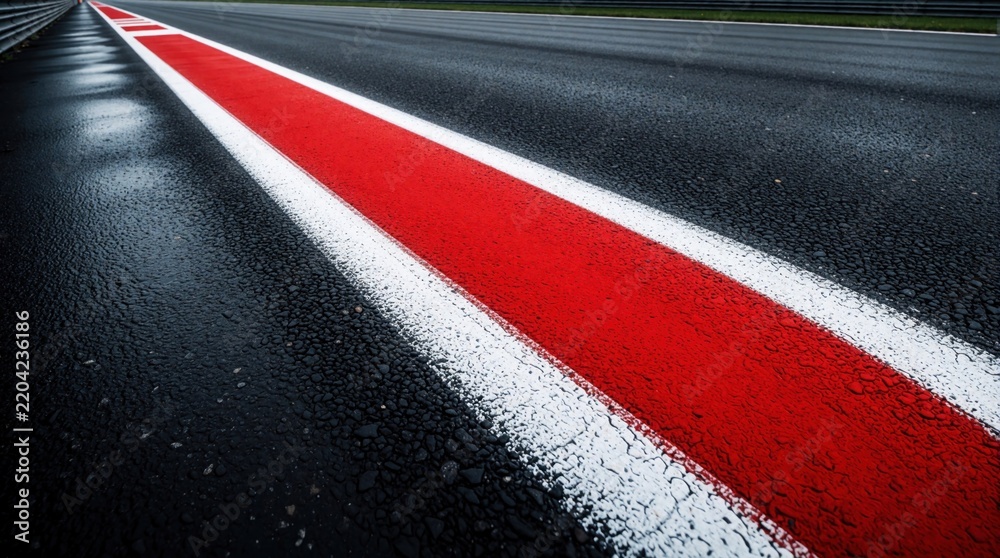 Obraz premium Close up of empty racing track with wet asphalt surface. Red, white curb markings run along dark pavement after rain. Motorsport circuit ground texture shows details of road lines. Empty race course