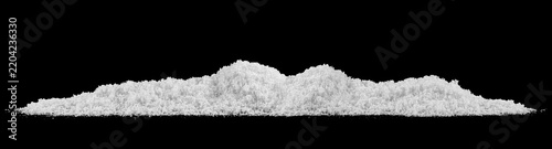 Heap of white fluffy snow isolated on a black background. Snow hills, snowdrifts. Long web banner.