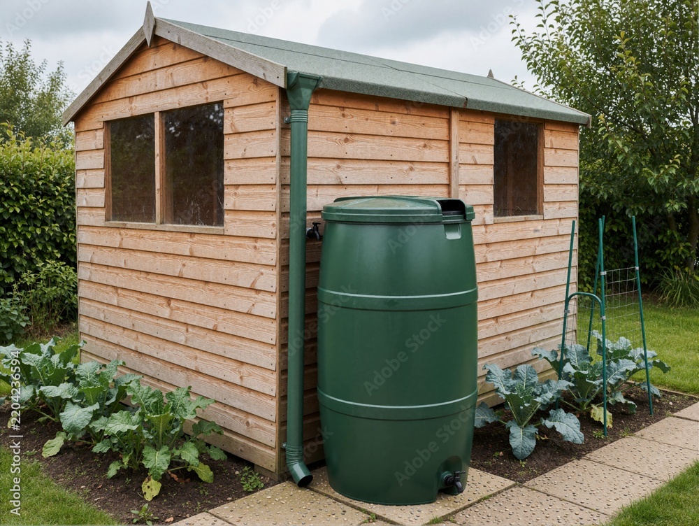 Obraz premium Rain barrel connected to a downpipe beside a wooden garden shed