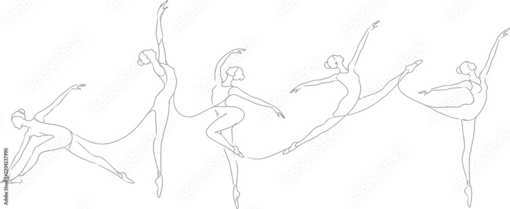 Obraz premium Line art illustration depicts five ballet dancers in dynamic poses against a white background