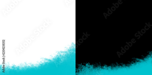 Cyan colored smoke cloud at bottom on transparent and black backgrounds for effects.