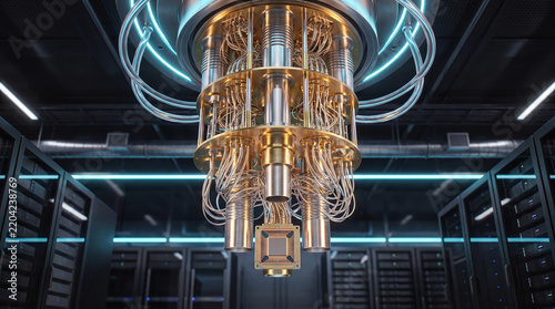 Futuristic Quantum Computer Cryostat Structure in High-Tech Server Room