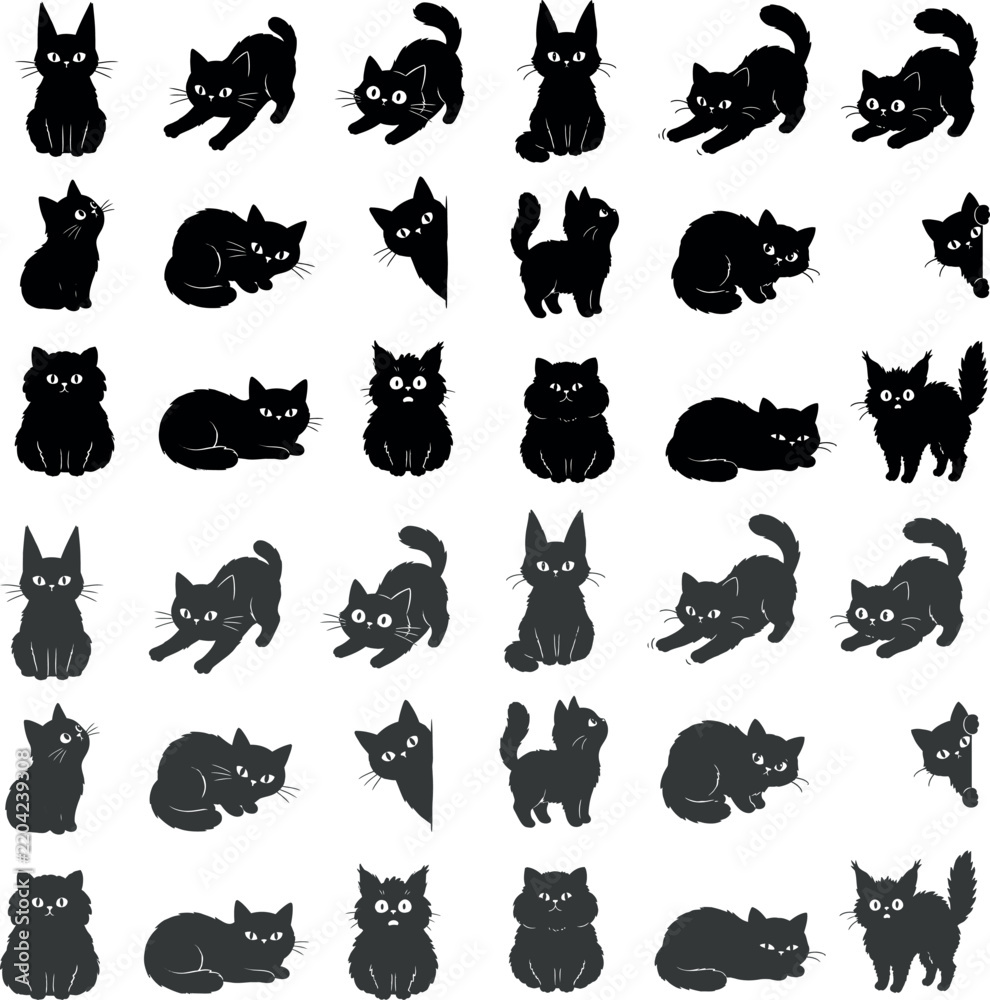 Obraz premium Set of Black Cat Illustrations: A collection of diverse black cat illustrations showcasing various poses, moods, and actions, from playful stances to mysterious silhouettes.