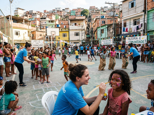 Female volunteer paints face of a smiling young girl during Children's Day community celebration games at an outdoor sports court in a Brazilian favela
