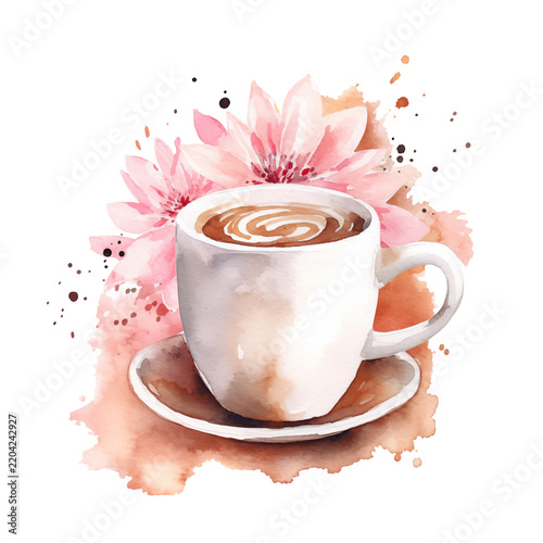 Watercolor coffee cup illustration with pink flowers isolated on transparent background tender floral warm mug drink espresso cappuccino morning beverage artistic design element artwork clip