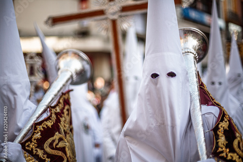 Photography Nazarenos with bugles and Guide Cross of Paz Brotherhood, Seville Holy Week