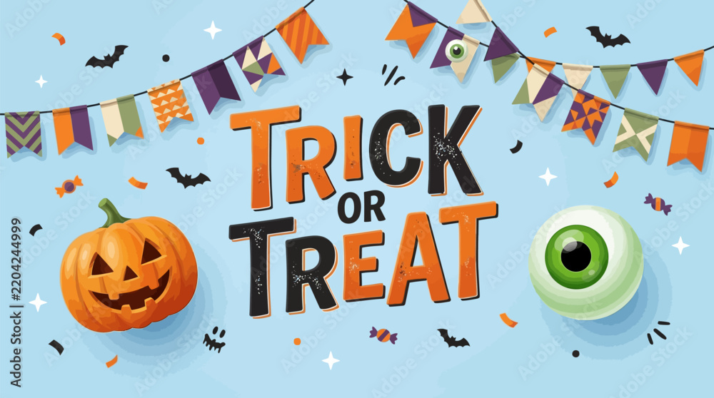Fototapeta premium Halloween trick or treat greeting card design with pumpkin
