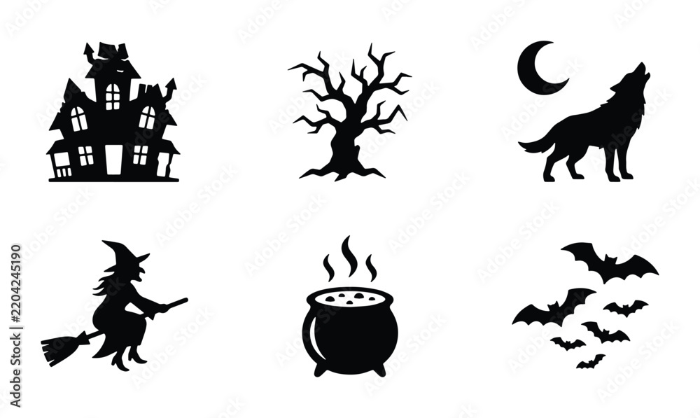 Fototapeta premium Halloween Icons Set: Spooky Haunted House, Bare Tree, Howling Wolf, Witch, Cauldron, Bats, Moon, Vector Graphics for Spooky Celebrations