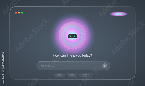 Ai chatbot interface design vector template with glowing assistant circle and dark glass morphism style for web app