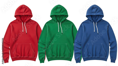 Three hoodies in red, blue, and green colors