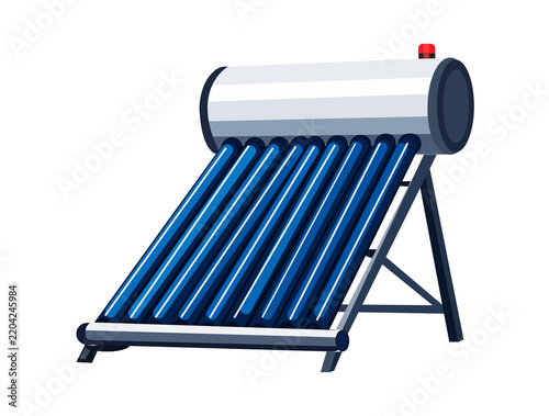 Illustration of a solar water heater system with evacuated tubes, storage tank, and metal frame, isolated on transparent background