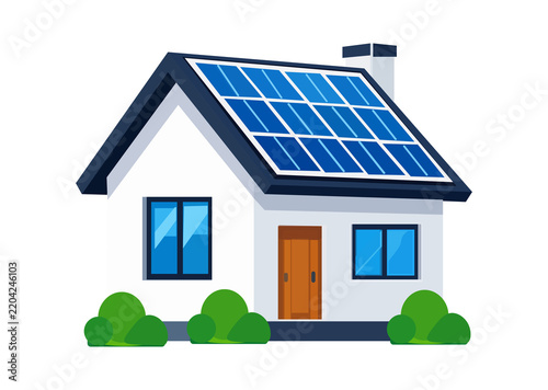 Illustration of a small white house with solar panels on the roof isolated on transparent background