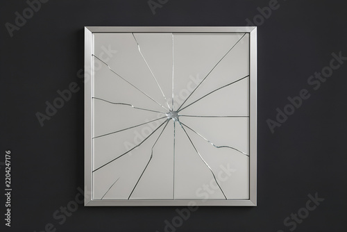 Close-up of a cracked rectangular mirror panel with a brushed metal frame under side lighting