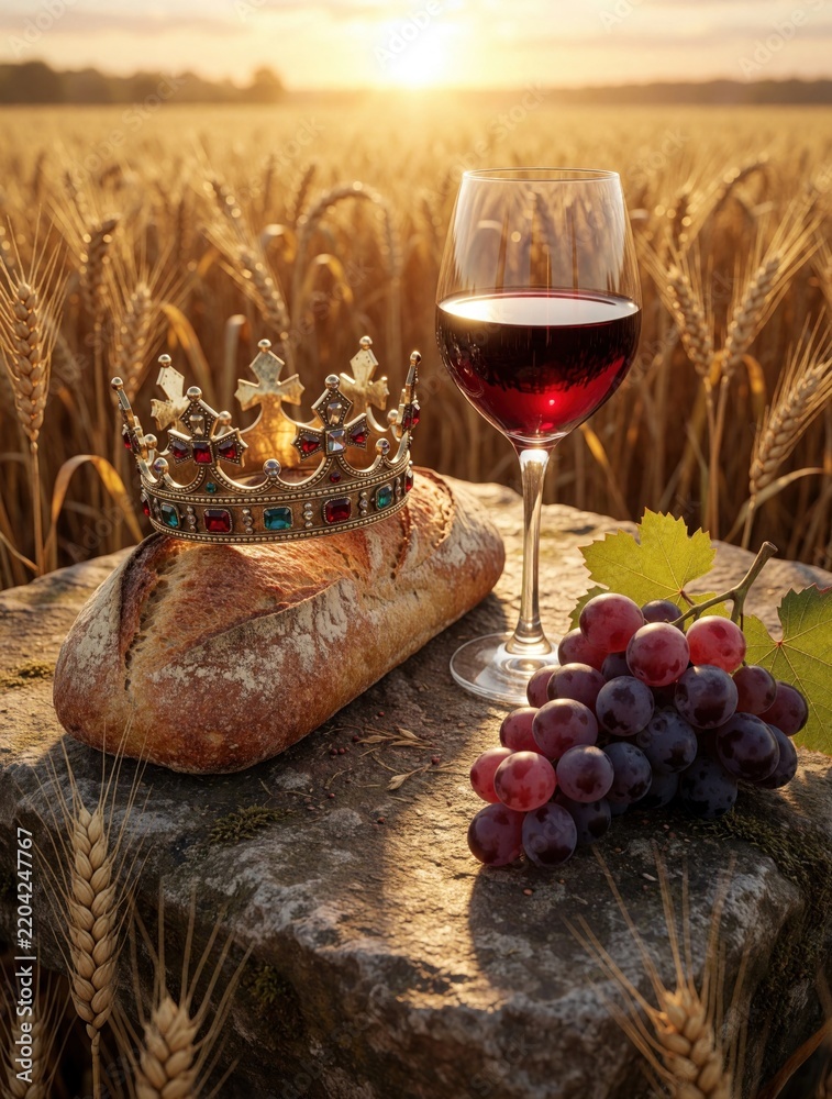 Obraz premium Gold crown sits on crusty bread loaf near red wine glass, grapes. Still life setup on stone in wheat field at sunset. Royal feast concept with food, drink in golden hour light during harvest season.