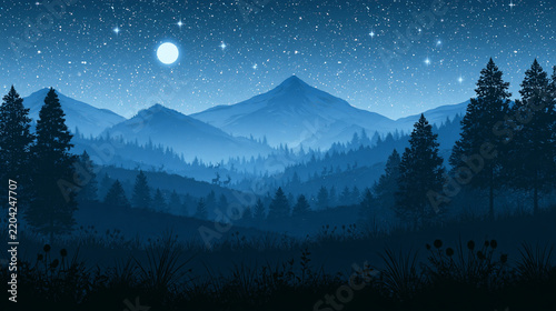 満月と星空が輝く山々と森林の美しい夜の風景