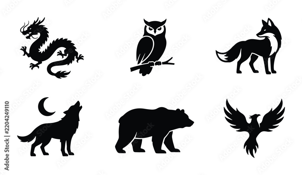 Obraz premium Mythical Creatures and Woodland Animals Silhouette Icons: Dragon, Owl, Fox, Wolf, Bear, Phoenix Vector Set