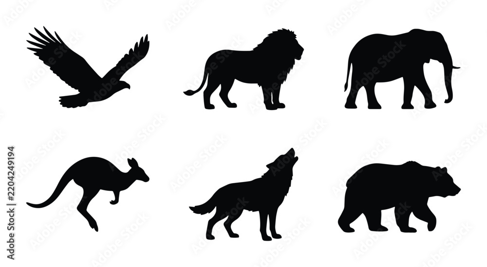 Obraz premium Wild Animal Silhouettes: Lion, Elephant, Eagle, Wolf, Kangaroo, Bear Icons for Nature & Safari Designs