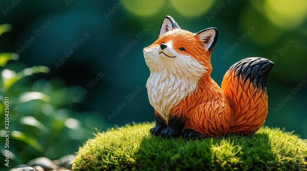 Fototapeta premium Whimsical fox figurine sits on green mossy base in garden. Cute orange animal sculpture happy smile. Small decorative fox ornament rests outdoors in nature forest. Adorable woodland creature craft