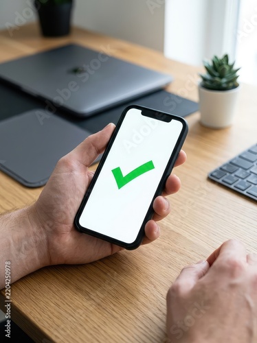 A modern smartphone displaying a large green confirmation checkmark on its screen, held over an office desk with a blurry laptop in the background, phone, glowing, checkmark