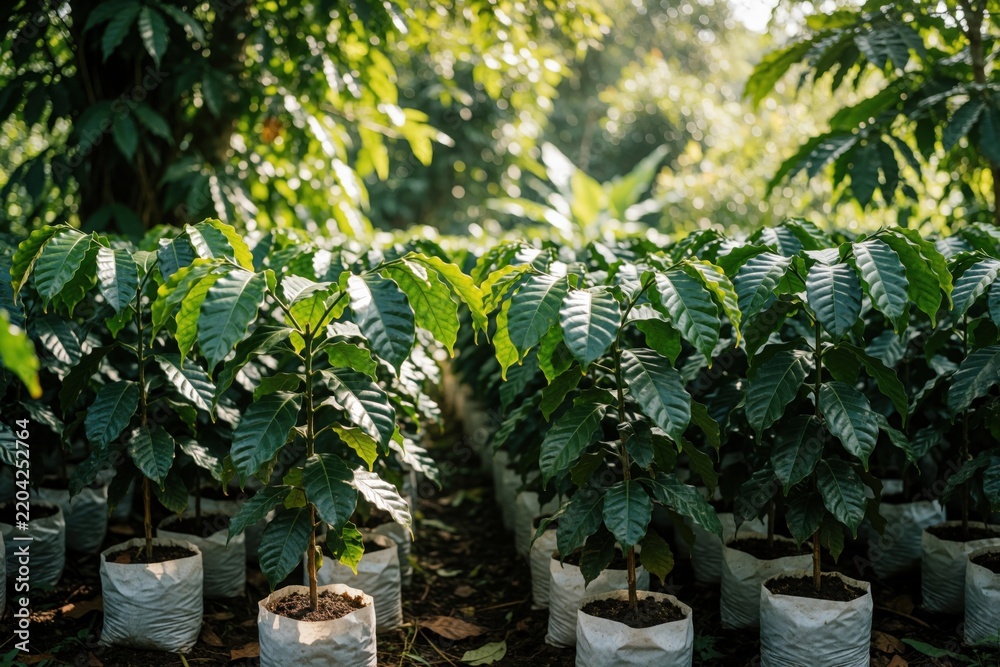 Obraz premium Young coffee plants grow in white nursery bags at tropical plantation. Green arabica seedlings in small pots prepare for field planting. Sunlit leaves of coffee trees show healthy growth in organic