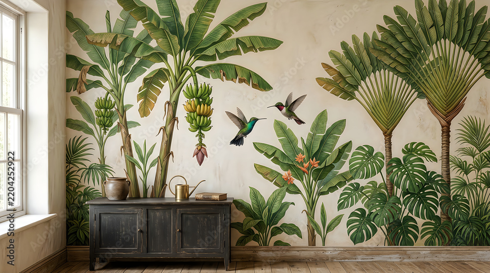 Fototapeta premium Hummingbirds flying near banana trees and exotic tropical plants in a bright room interior design