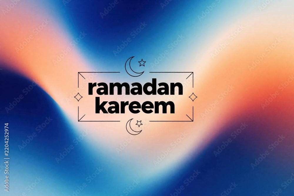 Fototapeta premium Abstract gradient background with blue orange colors. Ramadan Kareem text inside thin line frame with crescent moon, star symbols. Spiritual Islamic greeting card design for holy month celebration,