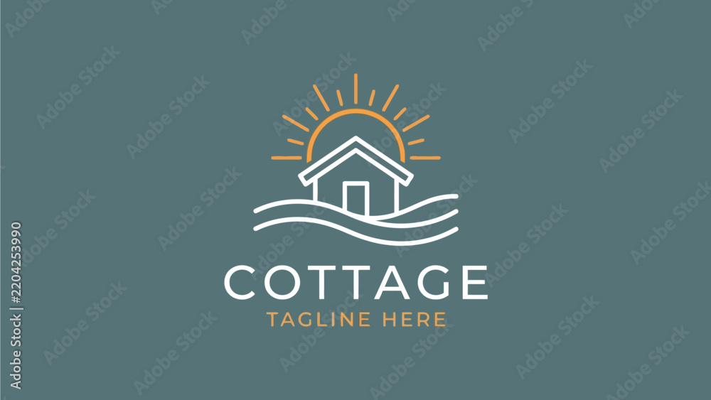 Obraz premium Minimalist house logo design featuring orange sun rising over white wavy water lines for branding