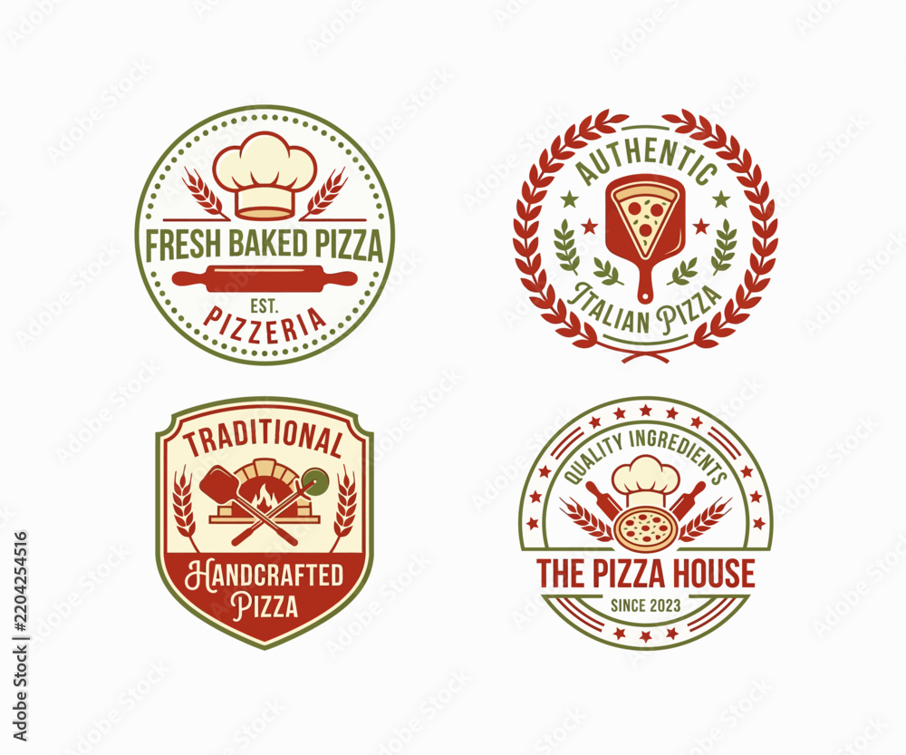Obraz premium Fresh baked pizza badge logo set, Italian pizzeria emblem vector