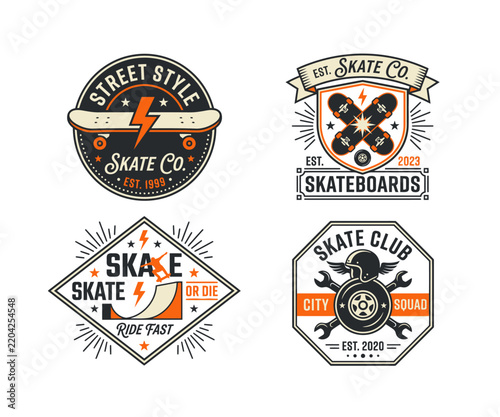Street style skate badge logo set, skateboard emblem vector