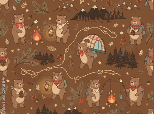 Cute bear camping seamless pattern with tent and forest vector