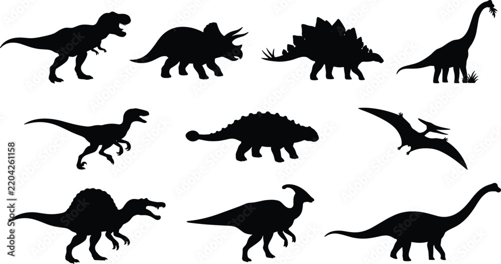Obraz premium Prehistoric dinosaur silhouette collection featuring diverse ancient reptile species set
