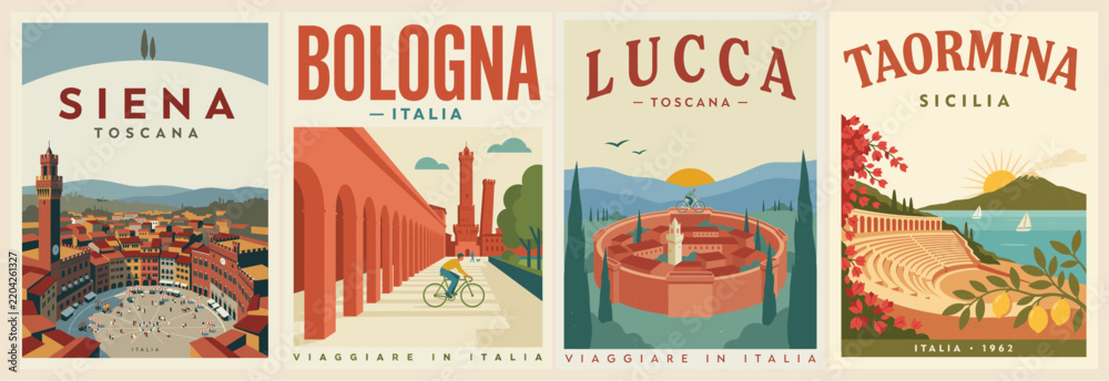 Obraz premium Vintage travel posters showcase four italian cities. Siena, Bologna, Lucca, and Taormina each feature unique landscapes. Each design blends historic architecture with scenic views