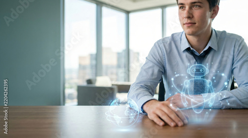 Artificial intelligence robot hologram in modern office | Young businessman working with digital assistant technology | Future of global business automation and AI integration | Innovative virtual rea